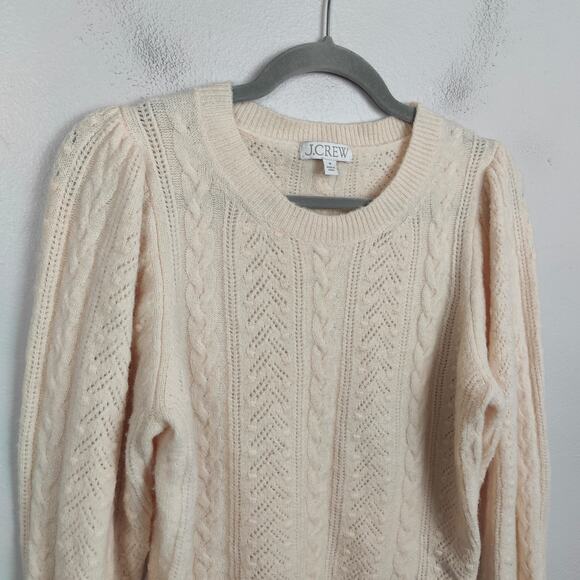 J Crew Pointelle Cable-knit Crewneck Sweater Womens Medium Cream Wool Cottage - Picture 2 of 8